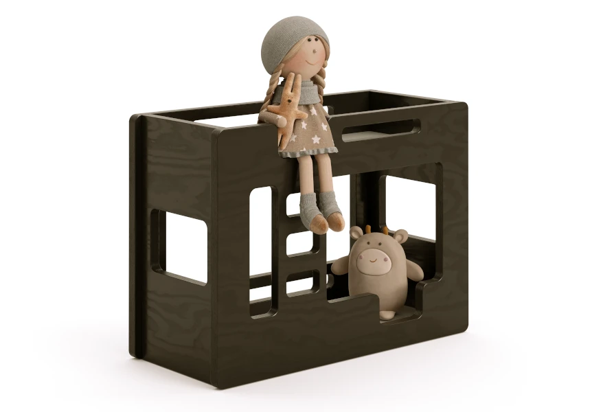 Drewniane łóżko piętrowe dla lalek wykonane ze sklejki sosnowej w kolorze czarnym